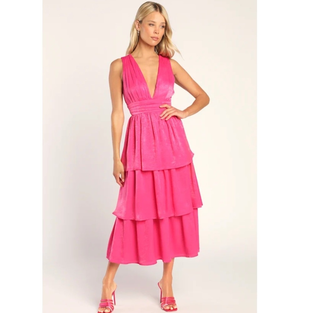 Lulus Hot Pink Satin Tiered Tie-Back Midi Dress Size Small New NWT